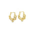 A pair of textured gold hoop earrings display an intricate knot design against a clean white background.