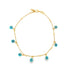 A delicate gold chain bracelet features multiple dangling blue and white evil eye charms against a clean white background.