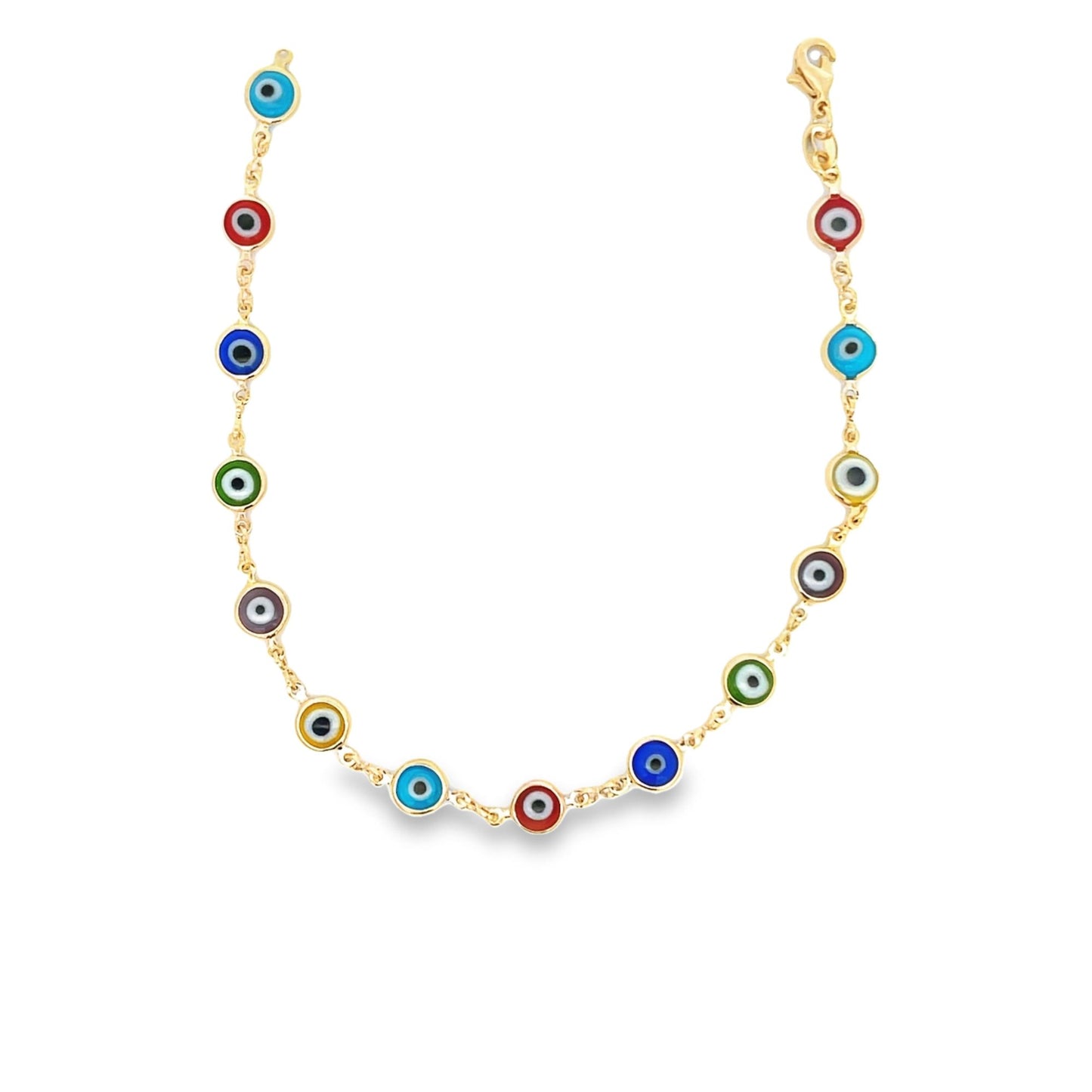 A gold chain necklace displays an array of colorful multi-colored evil eye charms against a clean white background.