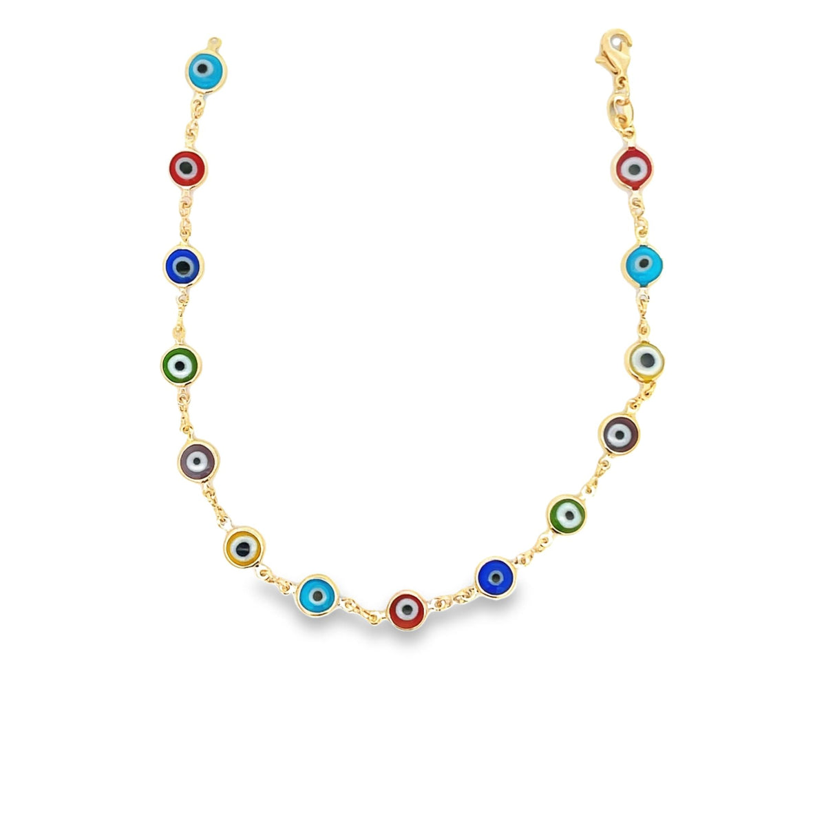 A gold chain necklace displays an array of colorful multi-colored evil eye charms against a clean white background.