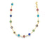 A gold chain necklace displays an array of colorful multi-colored evil eye charms against a clean white background.