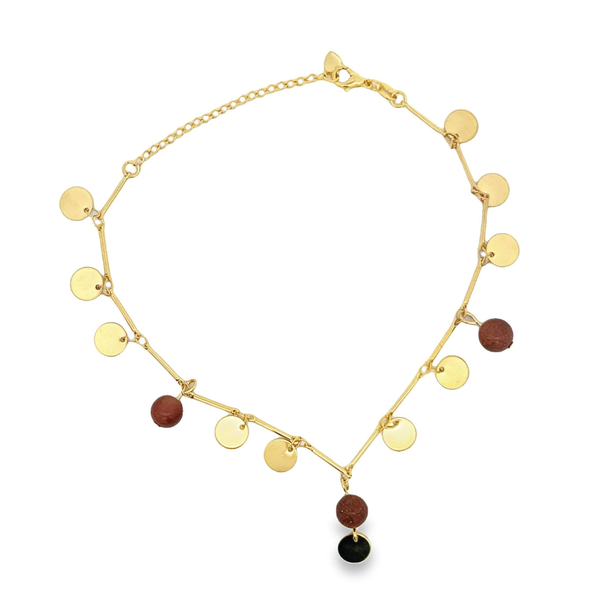 A delicate gold choker necklace features dangling coin charms and reddish-brown stone beads against a clean white background.