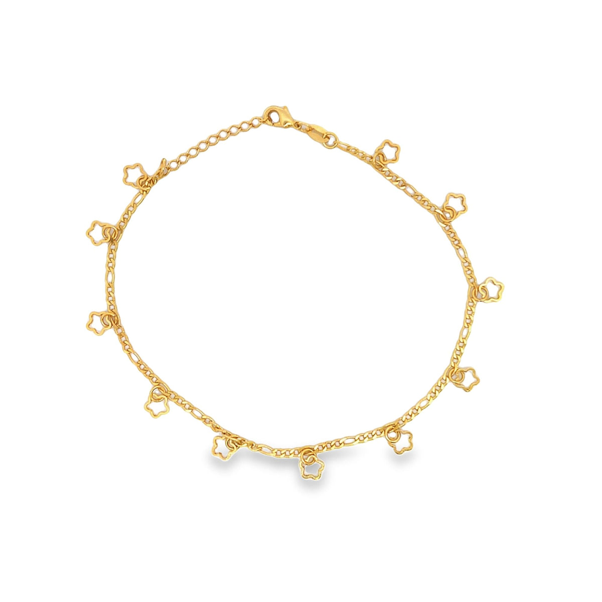 A delicate gold anklet features hanging openwork flower charms arranged in a circle against a white background.