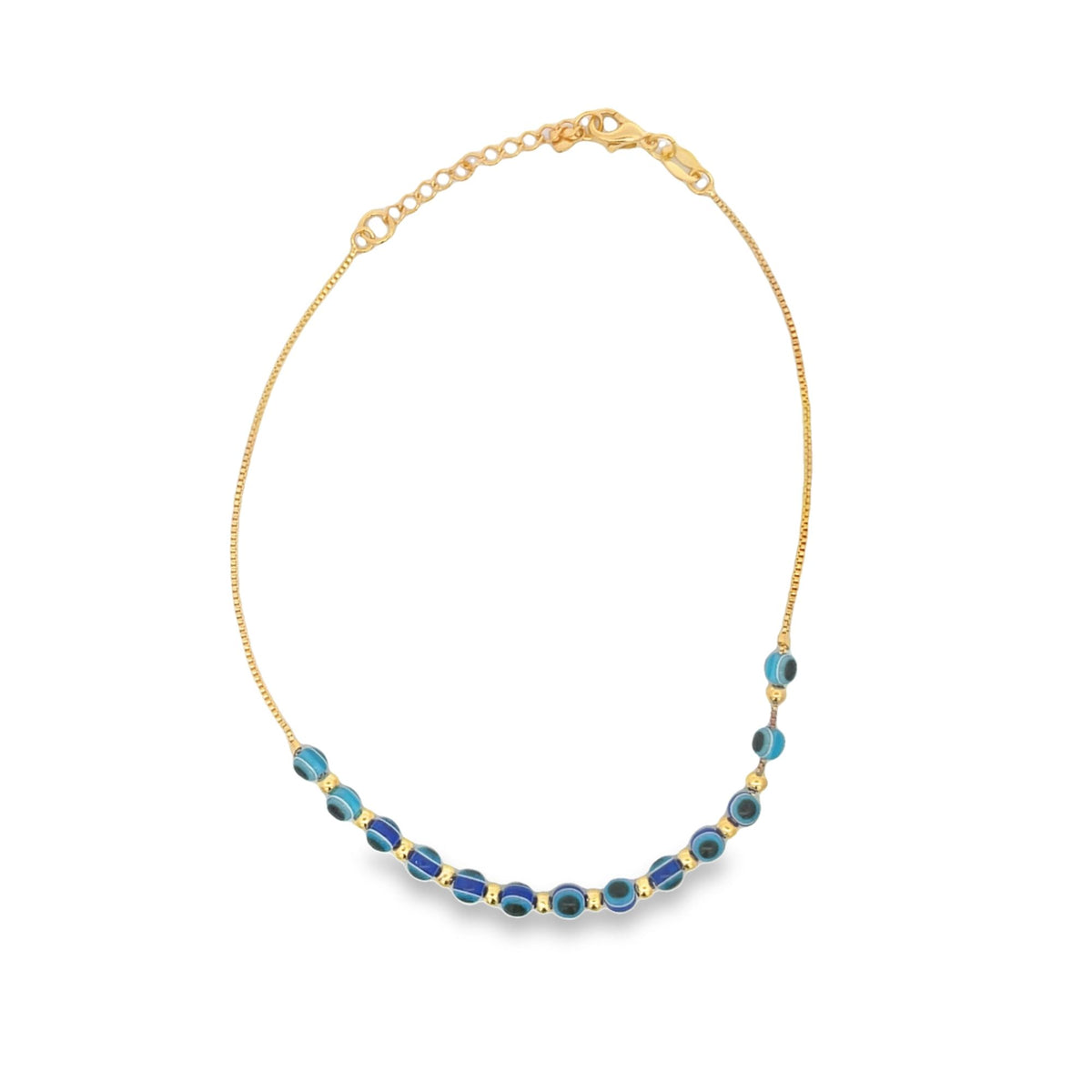 A delicate gold chain bracelet features an array of blue and white evil eye beads along the bottom curve, showcased against a plain white background.
