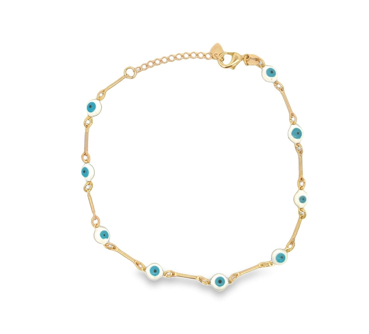 A delicate gold link bracelet features blue and white enamel evil eye charms spaced evenly around the chain against a white background.