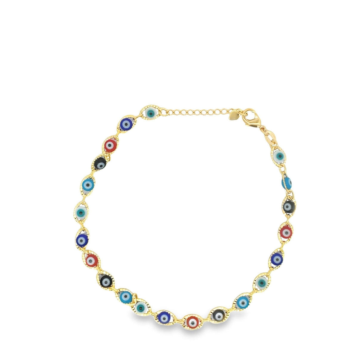 A gold chain bracelet features colorful evil eye beads in shades of blue, red, black, and white against a plain white background.