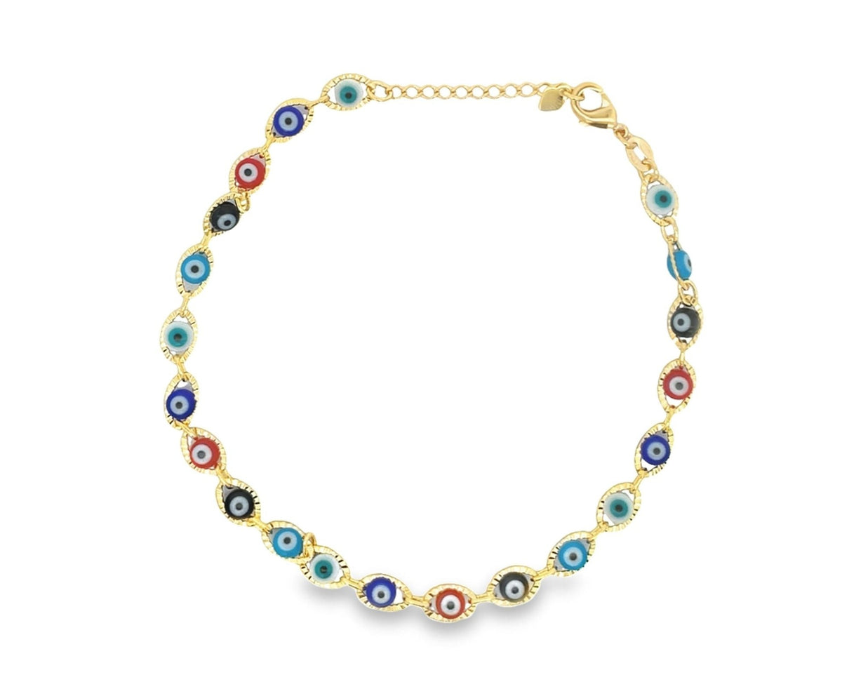 A gold evil eye bracelet features vibrant multi-colored glass beads showcasing blue, red, black, and turquoise protection symbols.