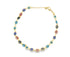 A gold evil eye bracelet features vibrant multi-colored glass beads showcasing blue, red, black, and turquoise protection symbols.