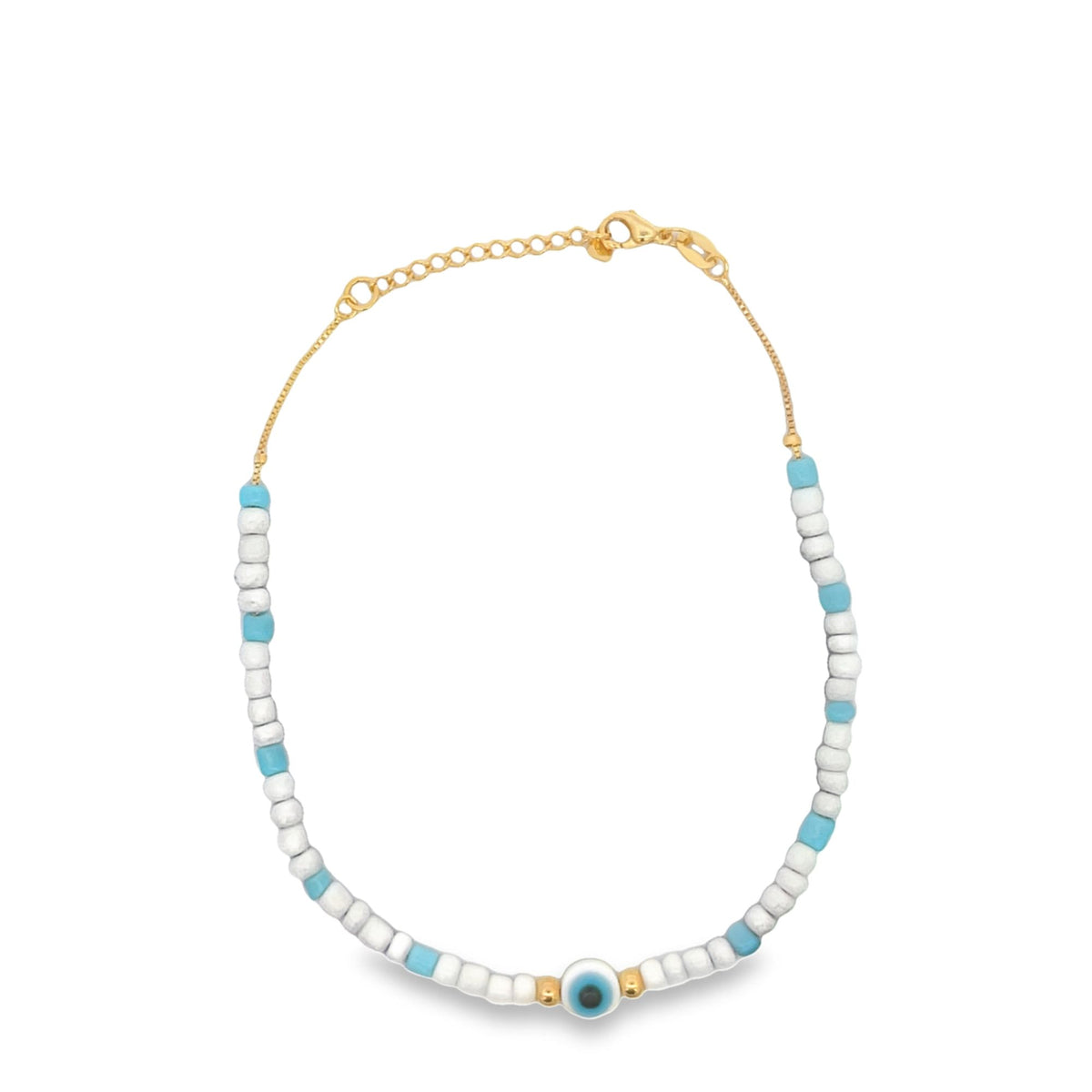 A delicate gold chain bracelet features alternating white and turquoise beads with a central evil eye charm.