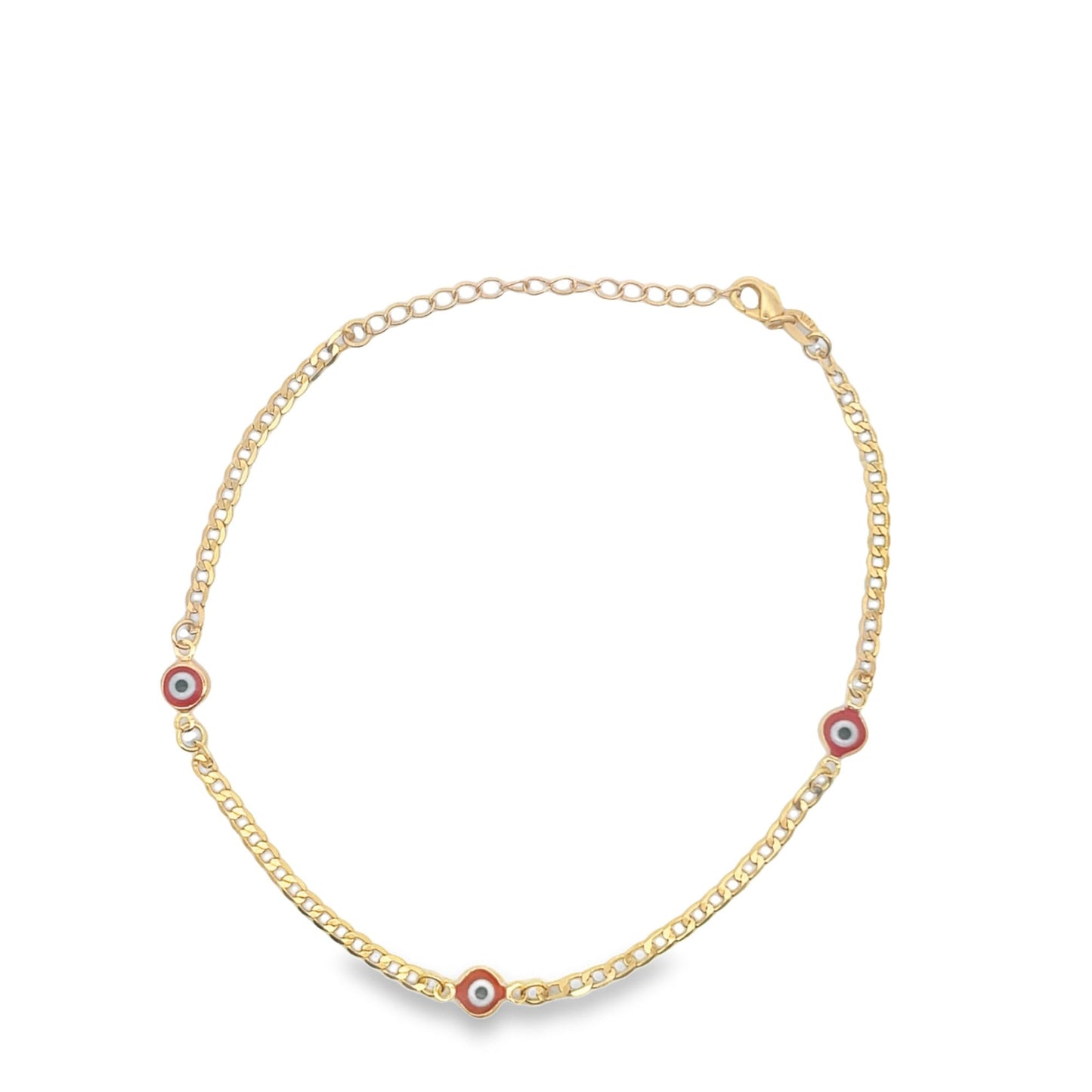 A delicate gold chain bracelet features three evenly spaced red evil eye charms against a clean white background.