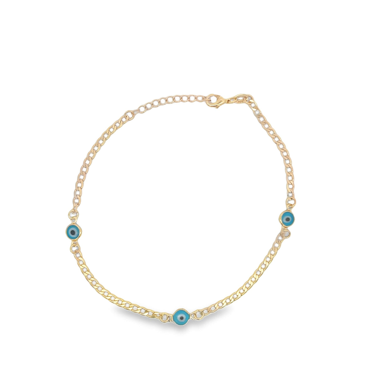 A delicate gold chain bracelet features three blue and white evil eye charms evenly spaced along the link.