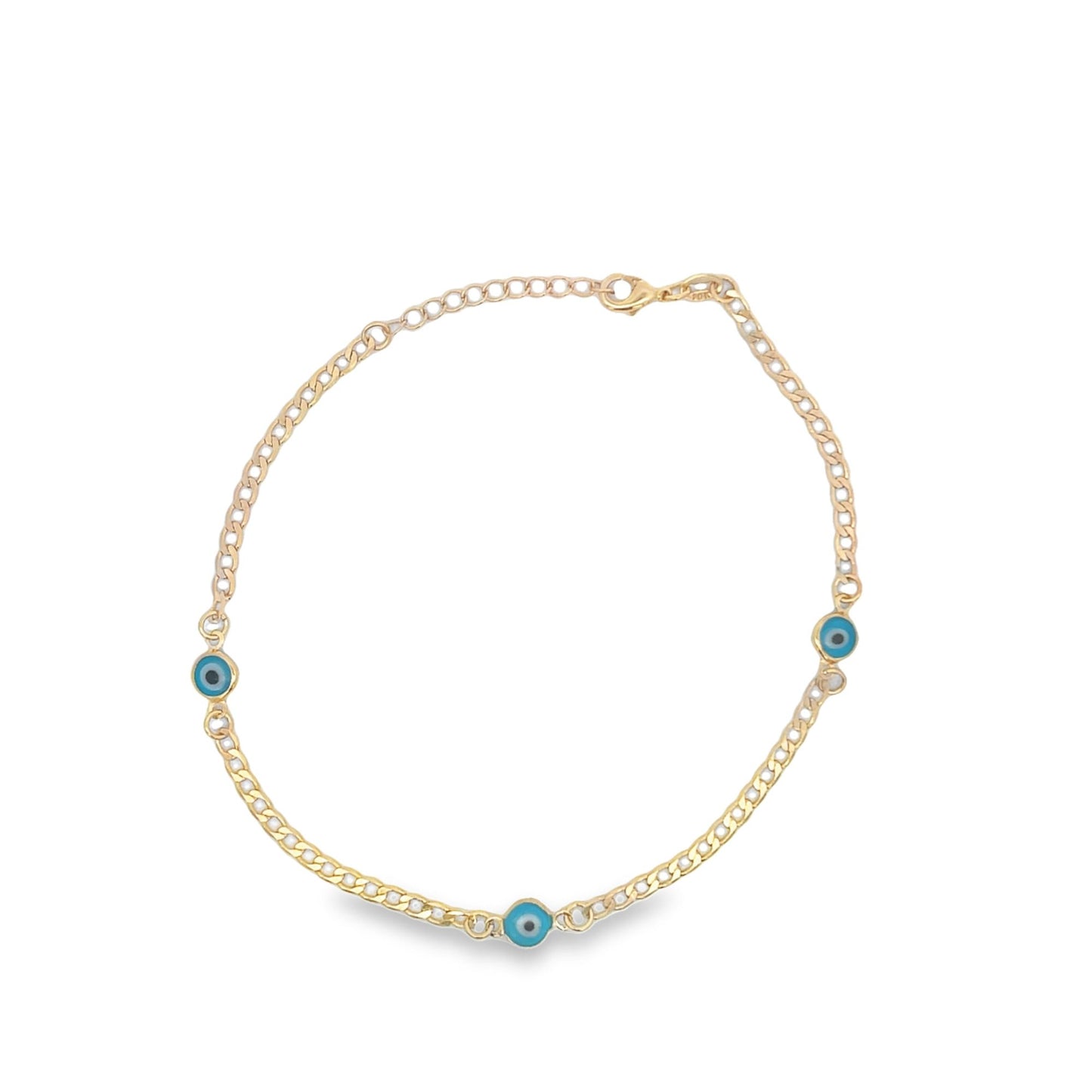 A delicate gold chain bracelet features three blue and white evil eye charms evenly spaced along the link.