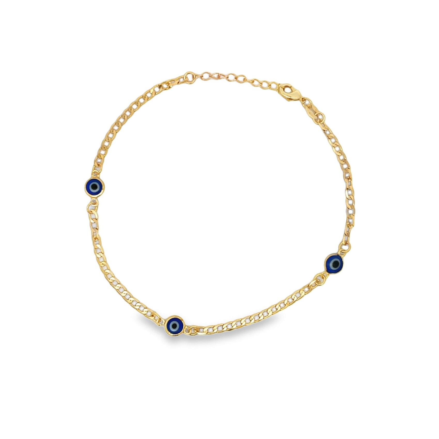A delicate gold chain bracelet features three evenly spaced blue and white evil eye charms.