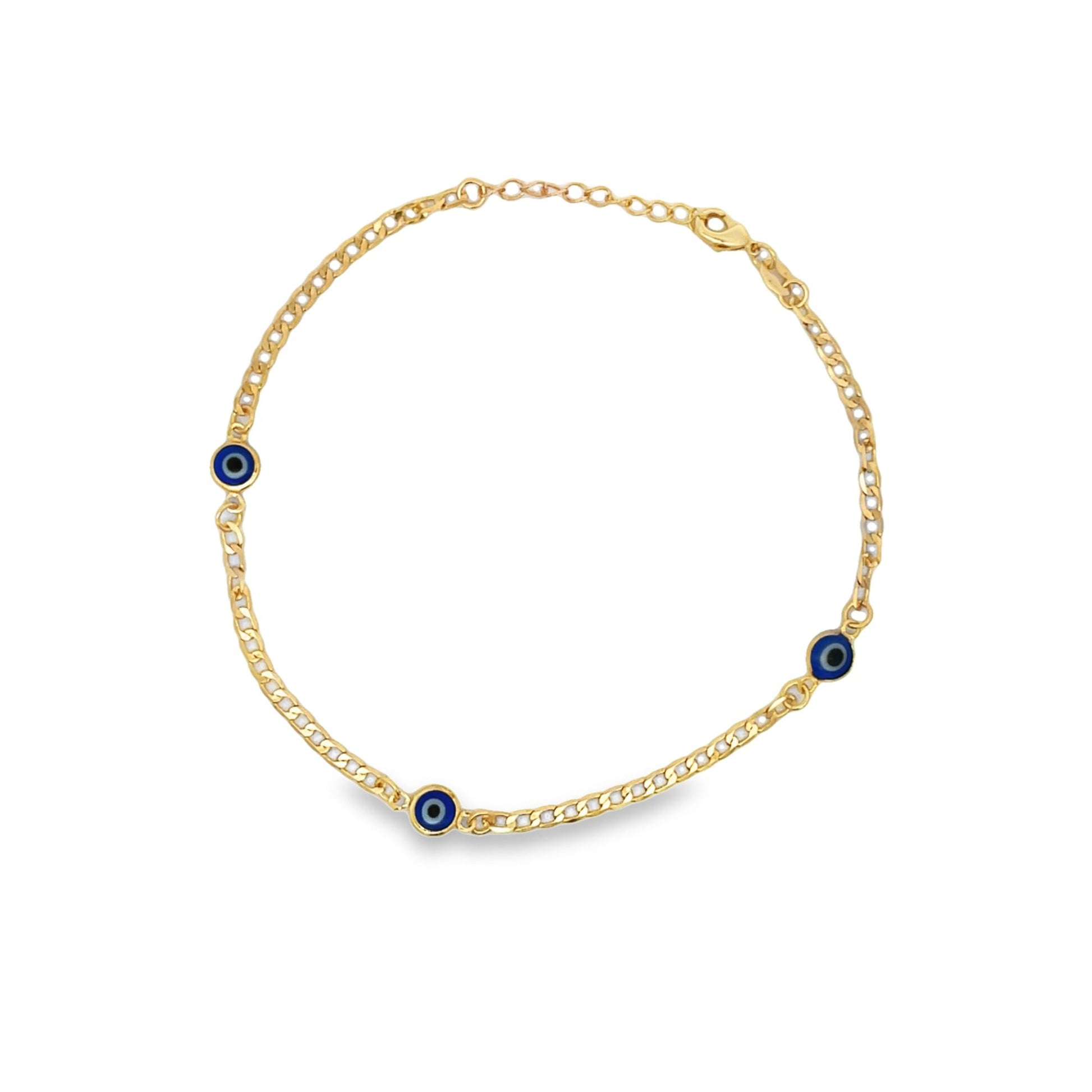 A delicate gold chain bracelet features three evenly spaced blue and white evil eye charms.