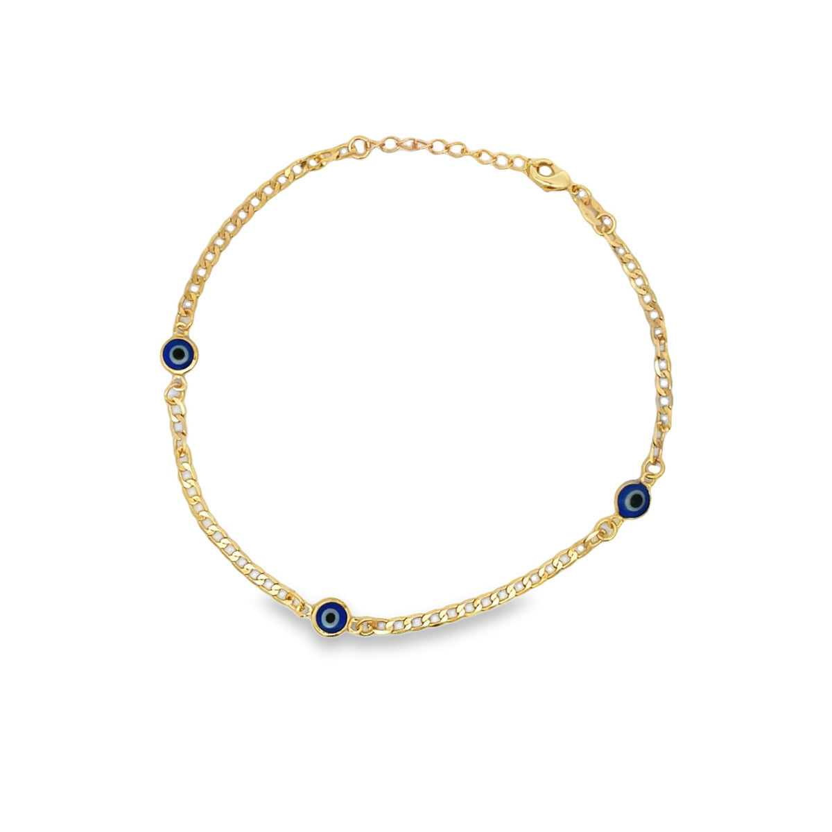 A delicate gold chain bracelet features three blue and white evil eye charms set against a clean white background.