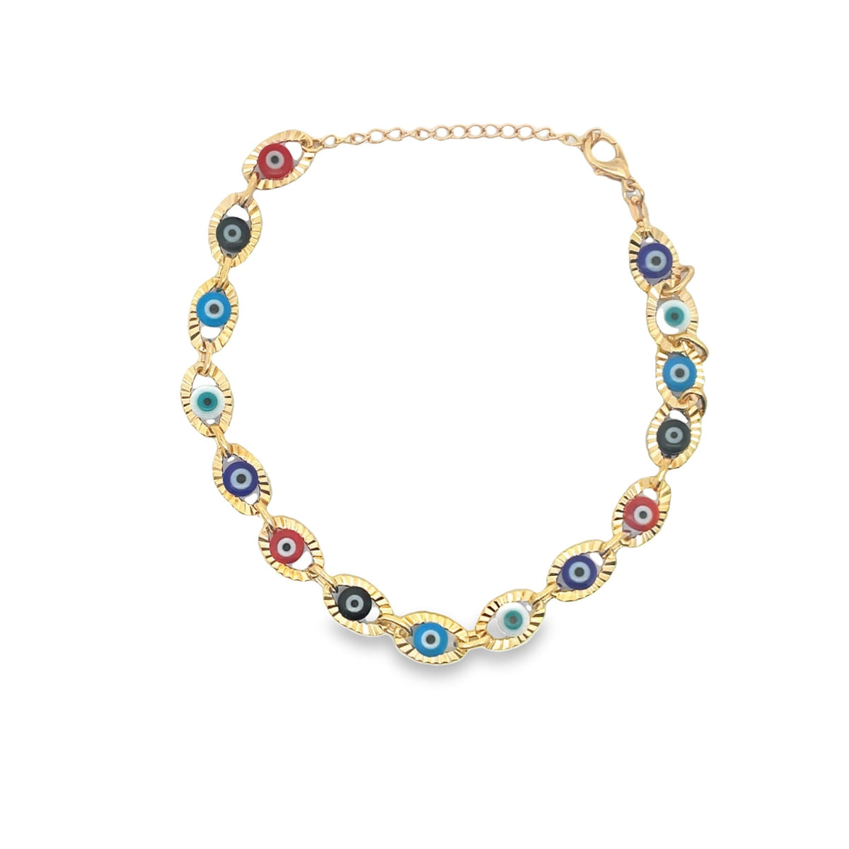 A delicate gold chain bracelet features colorful evil eye charms in shades of blue, red, black, and white against a white background.