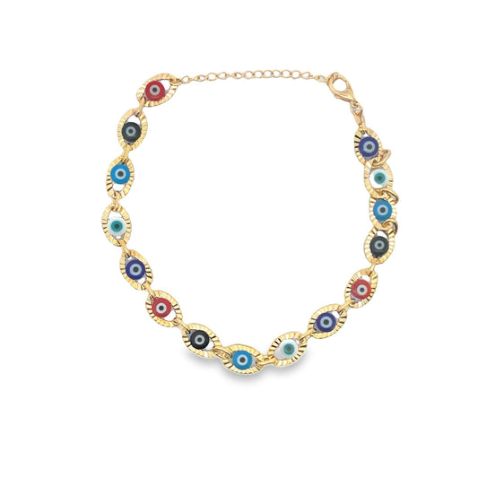 A gold evil eye bracelet features vibrant multi-colored glass beads against a clean white background.