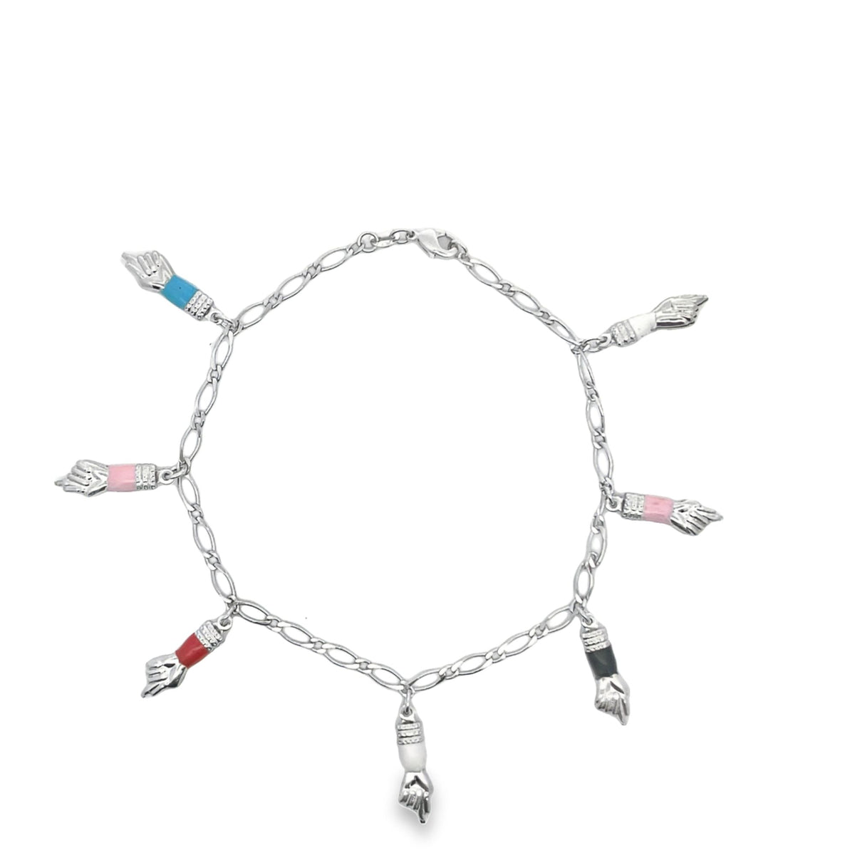 A sterling silver charm bracelet features dangling hand charms accented with colorful enamel cuffs.