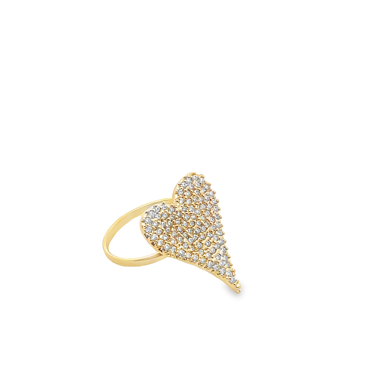 A sparkling pavé diamond heart ring rests on a clean white surface.