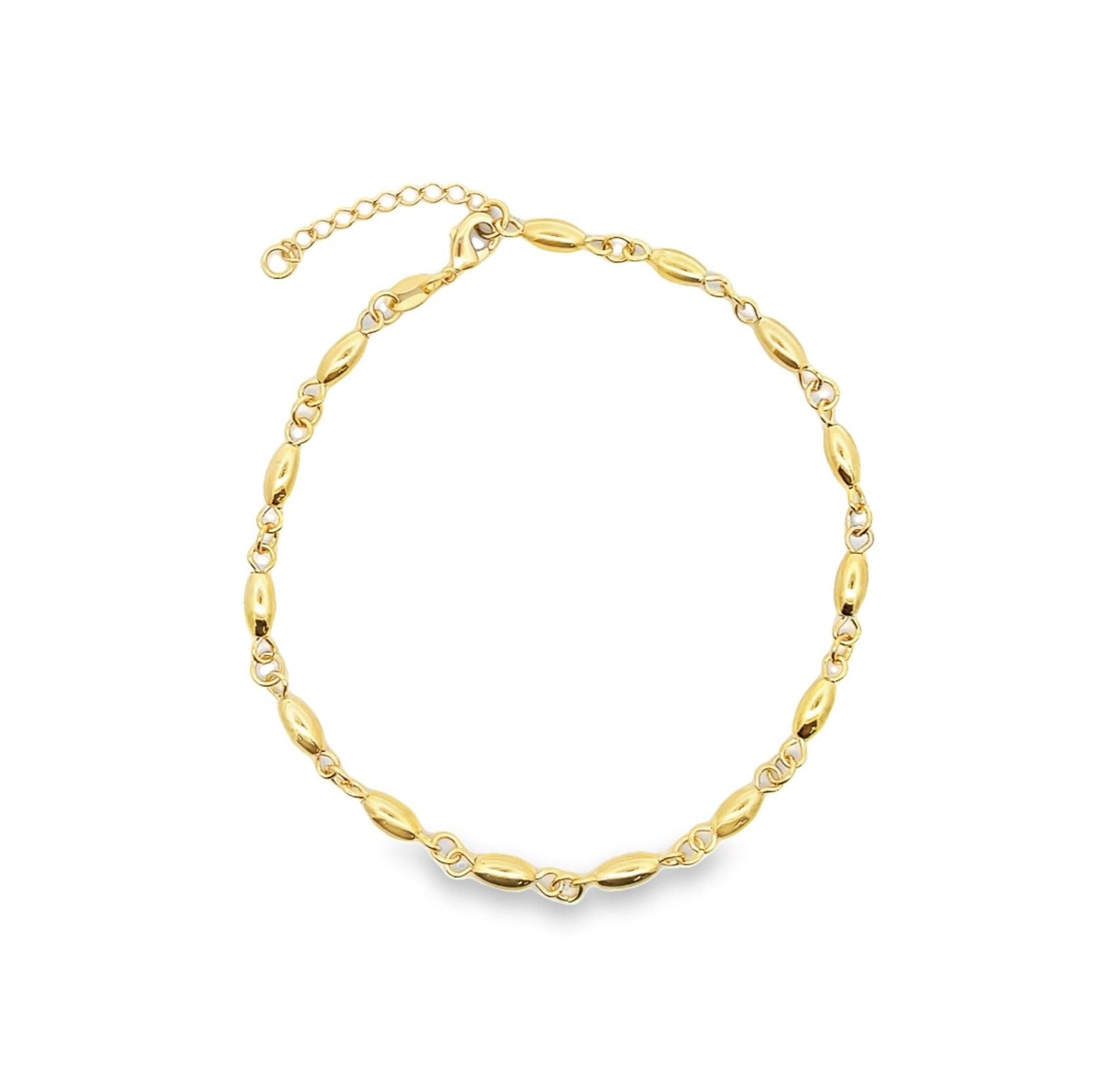 A gold-plated beaded choker necklace displays alternating oval beads and delicate metal links against a clean white background.