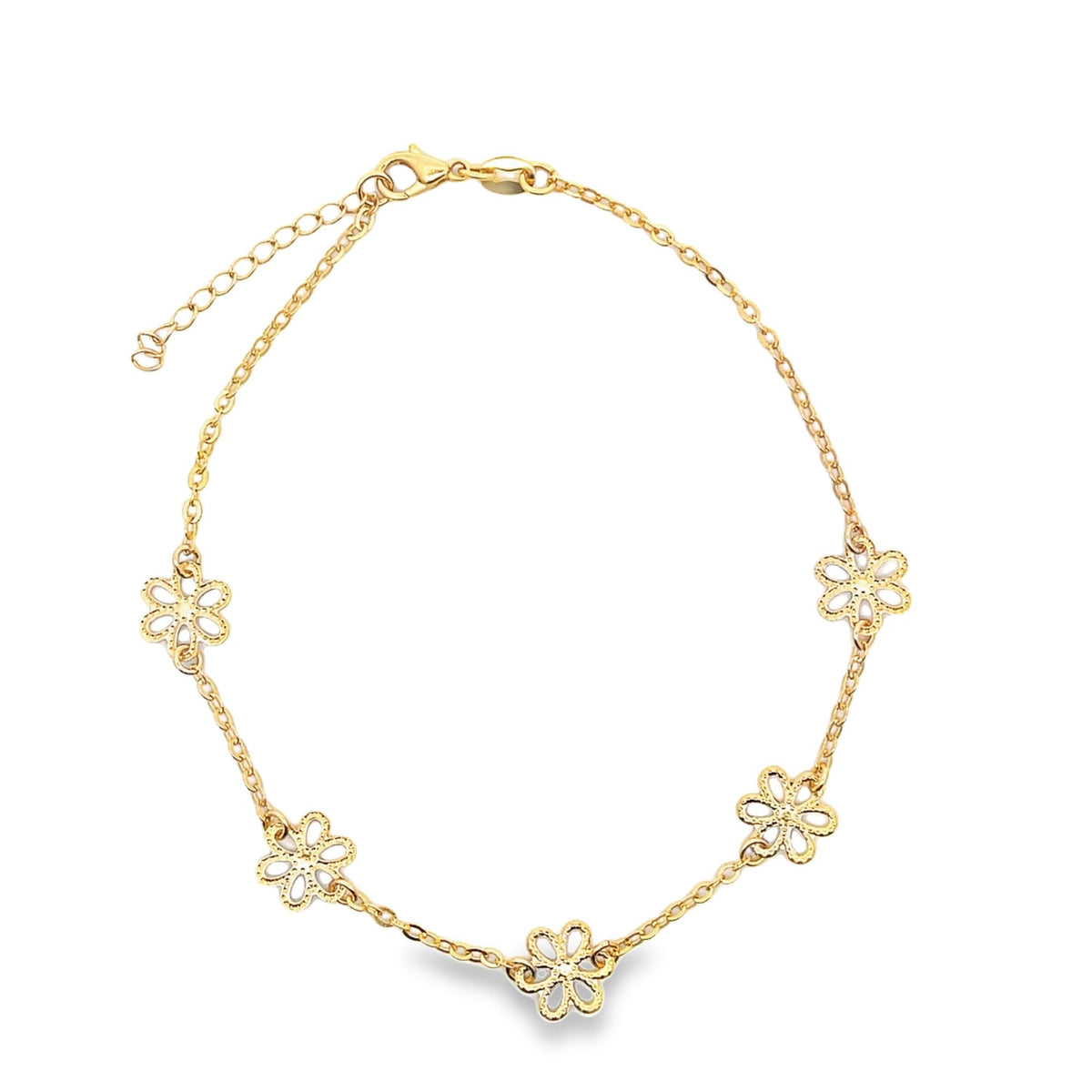 A delicate gold chain bracelet features five evenly spaced, intricately detailed floral charms against a clean white background.