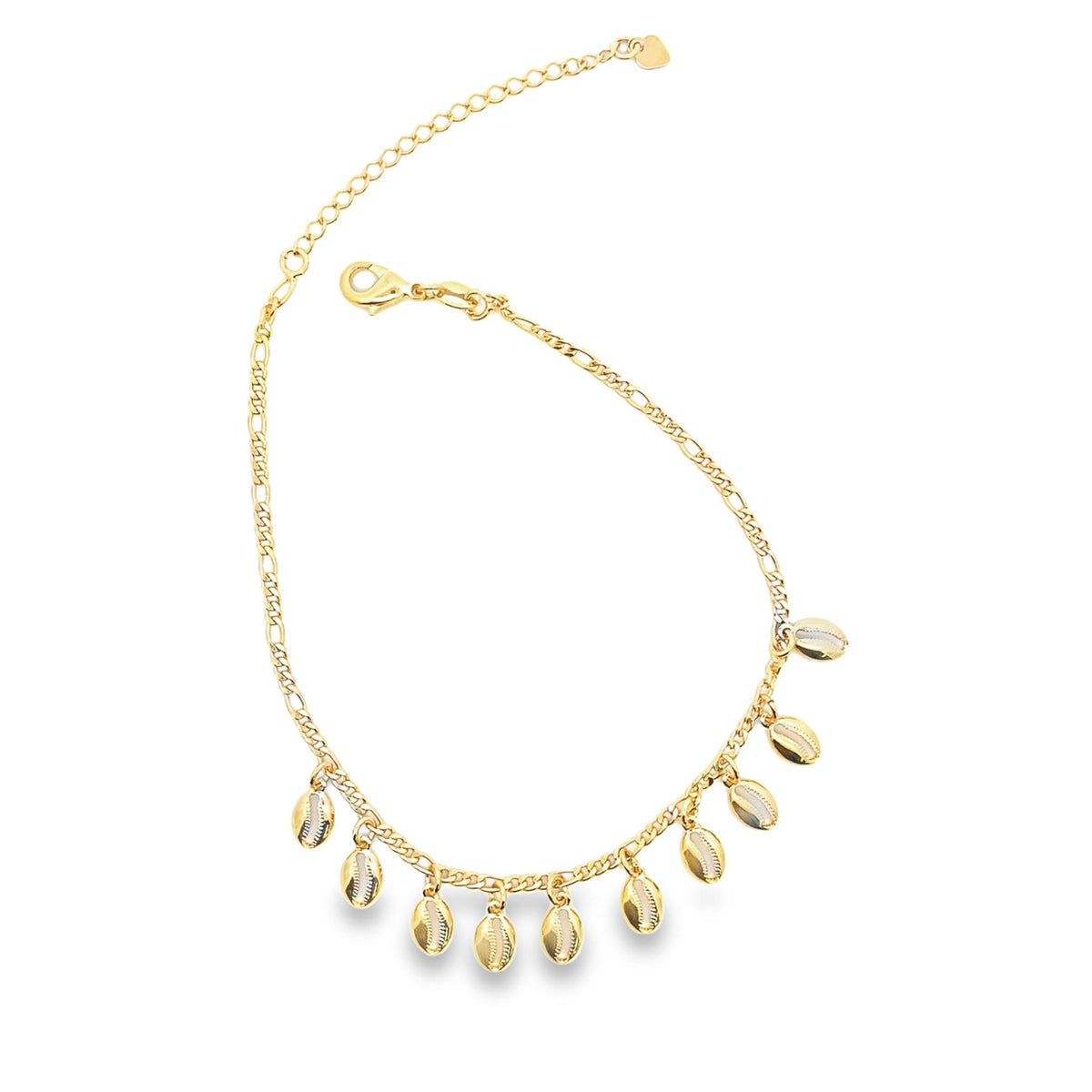 A gold chain anklet features dangling cowrie shell charms against a clean white background.