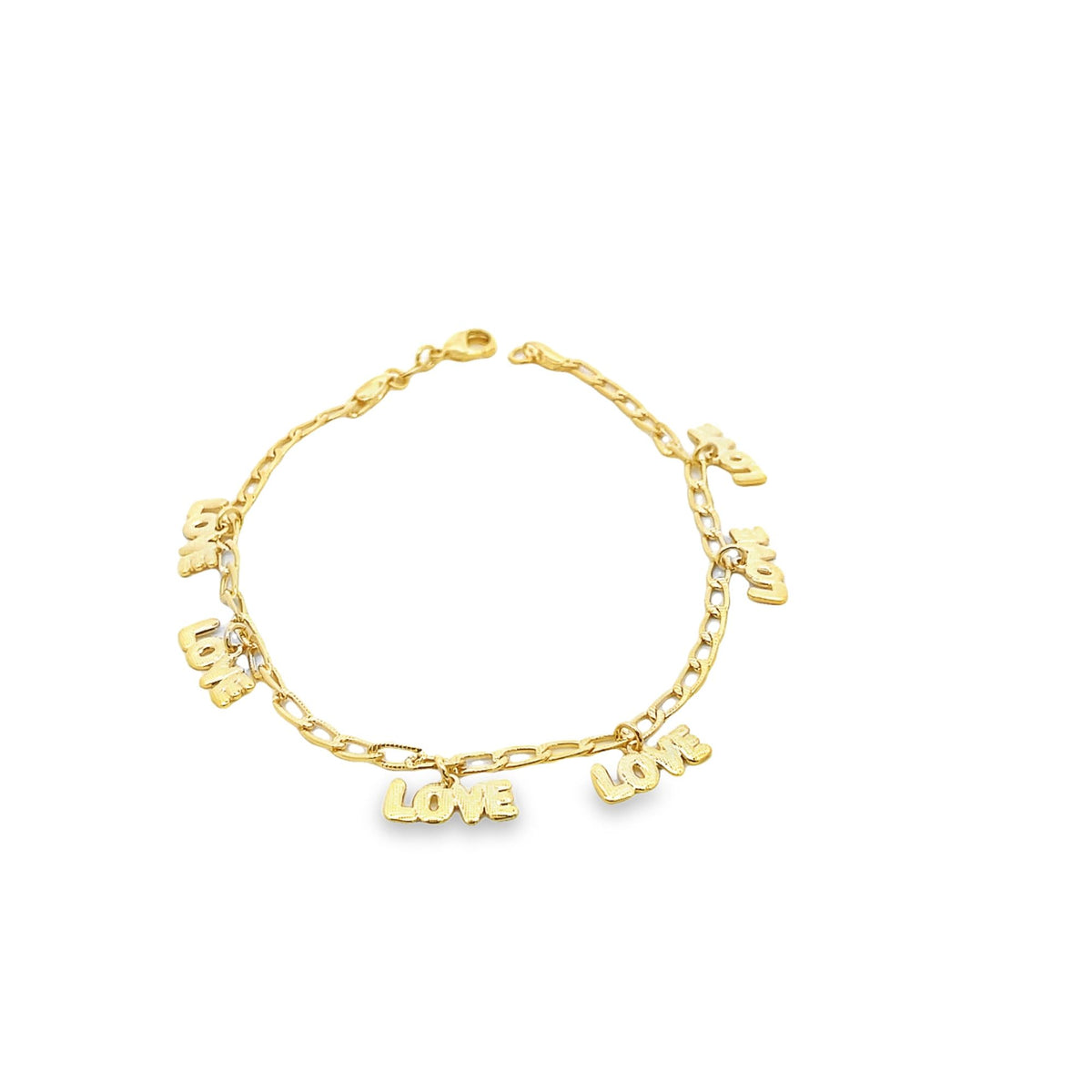 A gold link charm bracelet dangles multiple "LOVE" letter charms against a clean white background.