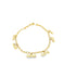 A gold link charm bracelet dangles multiple "LOVE" letter charms against a clean white background.