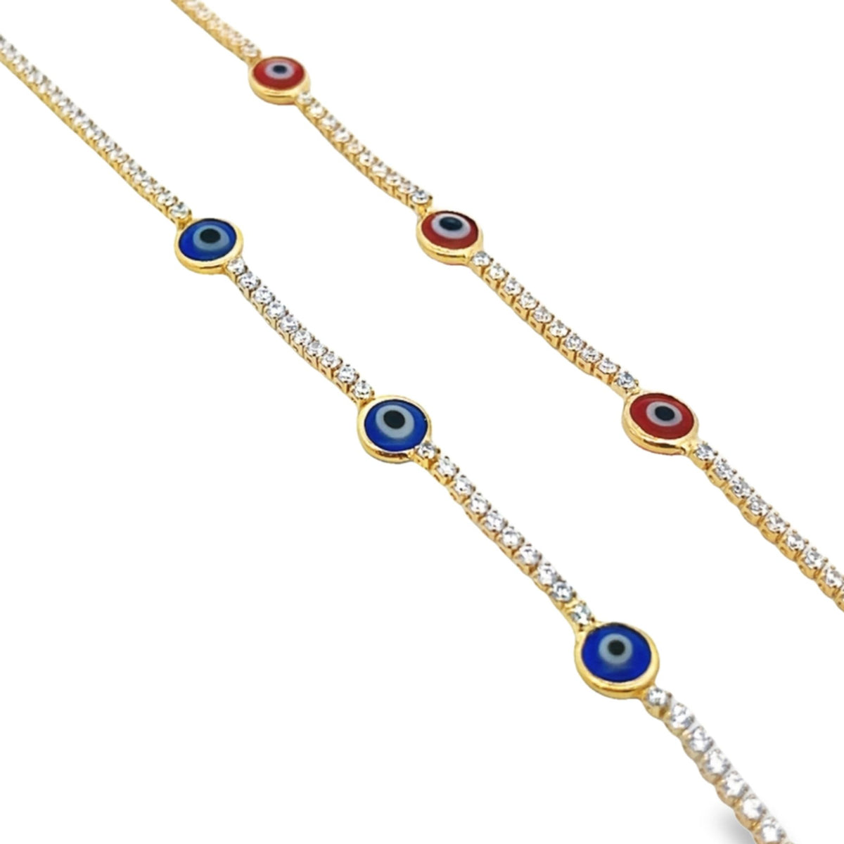 Two gold tennis necklaces sparkling with cubic zirconia stones feature alternating blue and red evil eye charms against a white background.