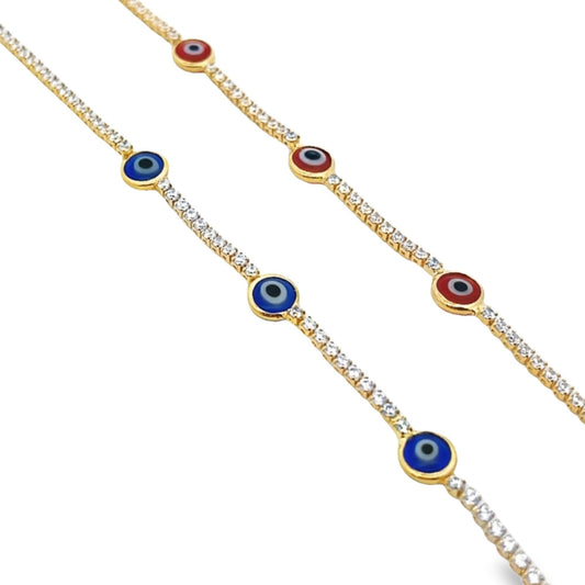 Two glittering gold tennis chains feature alternating blue and red evil eye charms set against a clean white background.