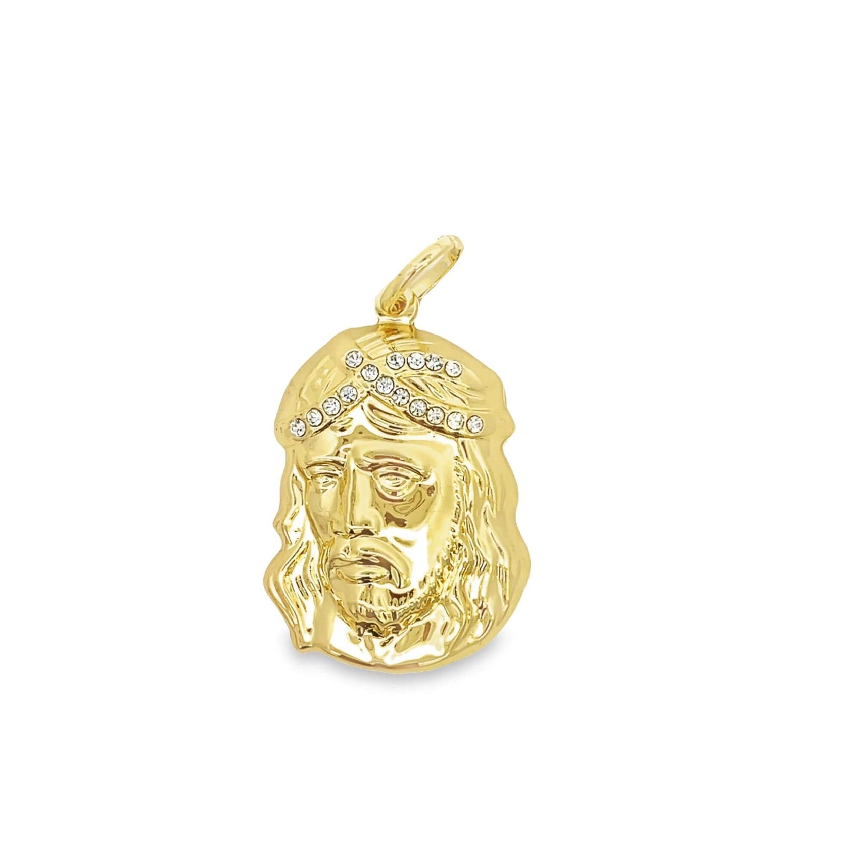 A polished gold Jesus piece pendant features sparkling diamond accents along the crown of thorns and hangs against a white background.