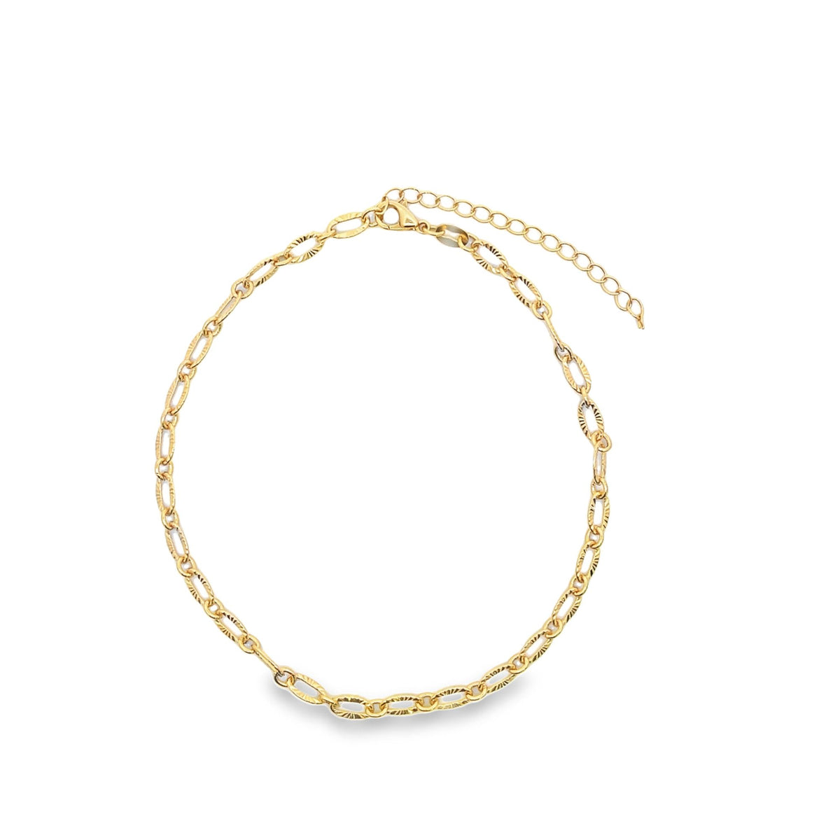 A delicate gold chain necklace displays intricately textured oval links arranged in a circular design against a plain white background.