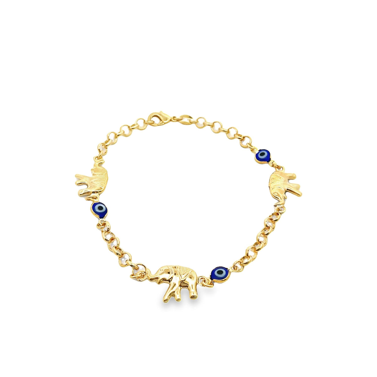 A delicate gold link bracelet features alternating elephant charms and blue evil eye beads against a white background.
