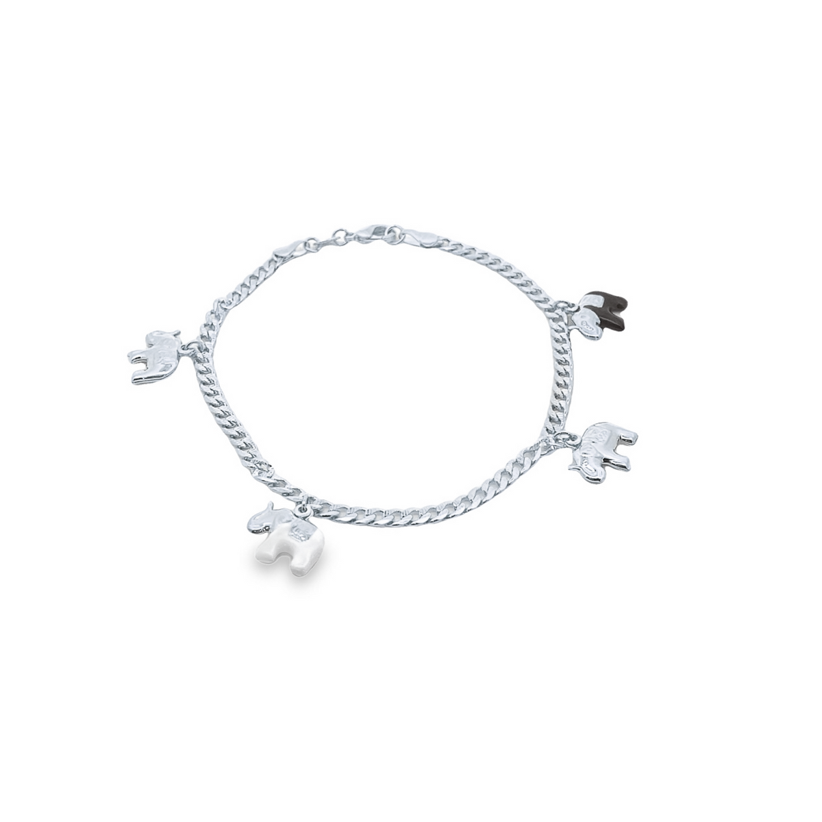 A sterling silver charm bracelet features four dangling elephant charms against a plain white background.