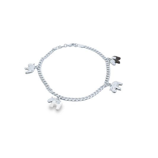 A sterling silver charm bracelet features four delicate elephant pendants dangling from a curb chain against a clean white background.