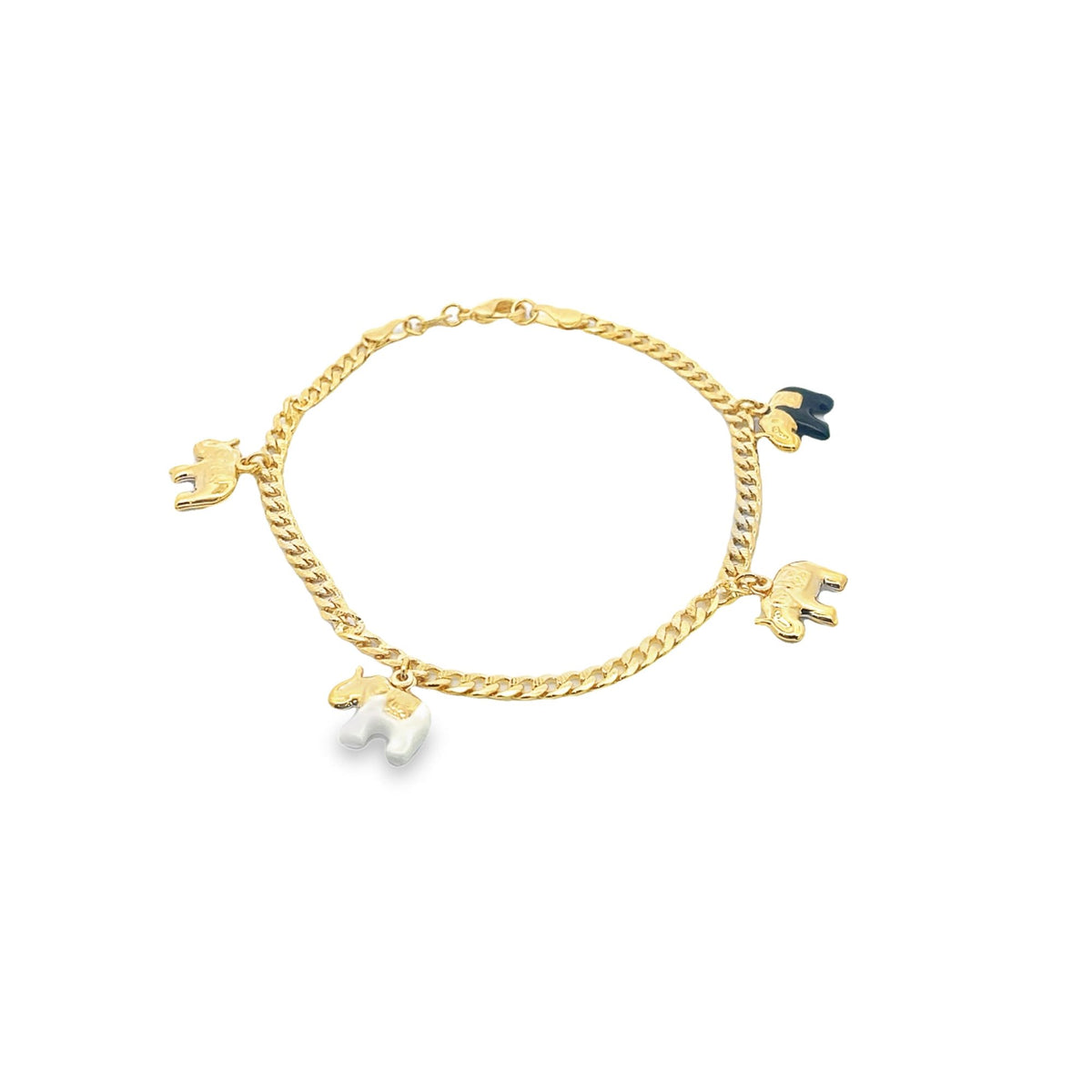 A gold chain charm bracelet features four hanging elephant charms in white, black, and gold.