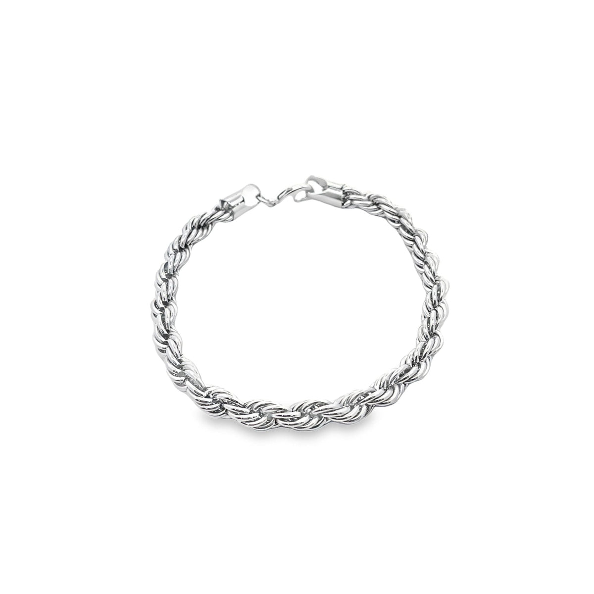 A shiny sterling silver rope chain bracelet rests against a plain white background.