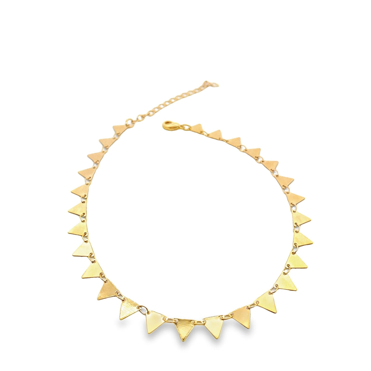 A delicate gold choker necklace features a row of dangling geometric triangle charms against a clean white background.