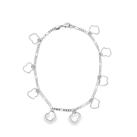 A silver charm bracelet features dangling open-work heart charms along a delicate link chain.