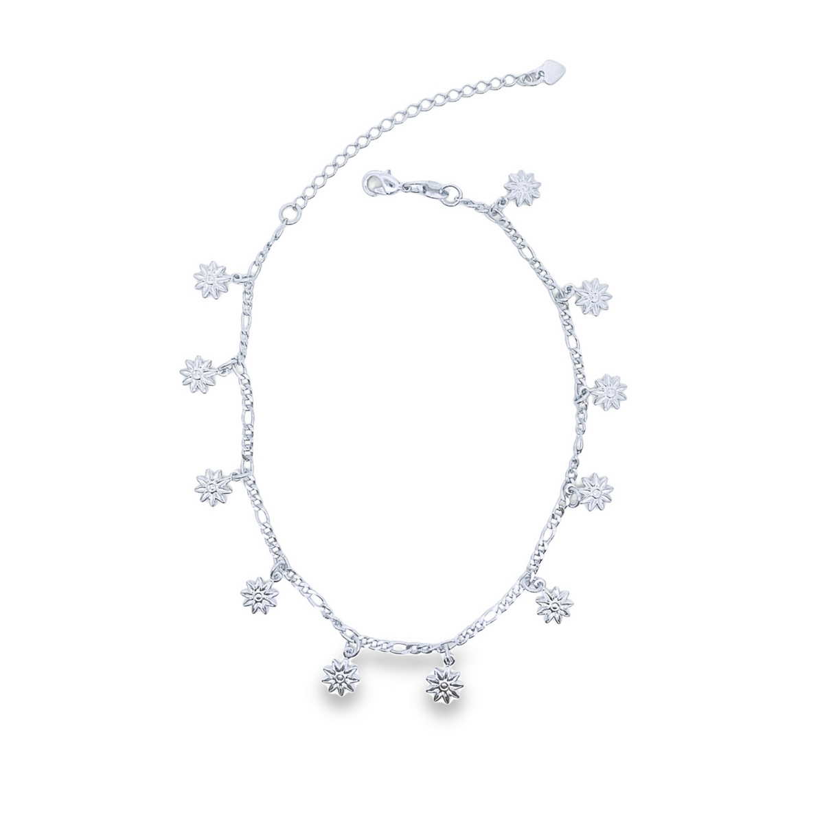 A delicate silver anklet features dangling star-shaped charms along a Figaro chain, displayed on a clean white background.