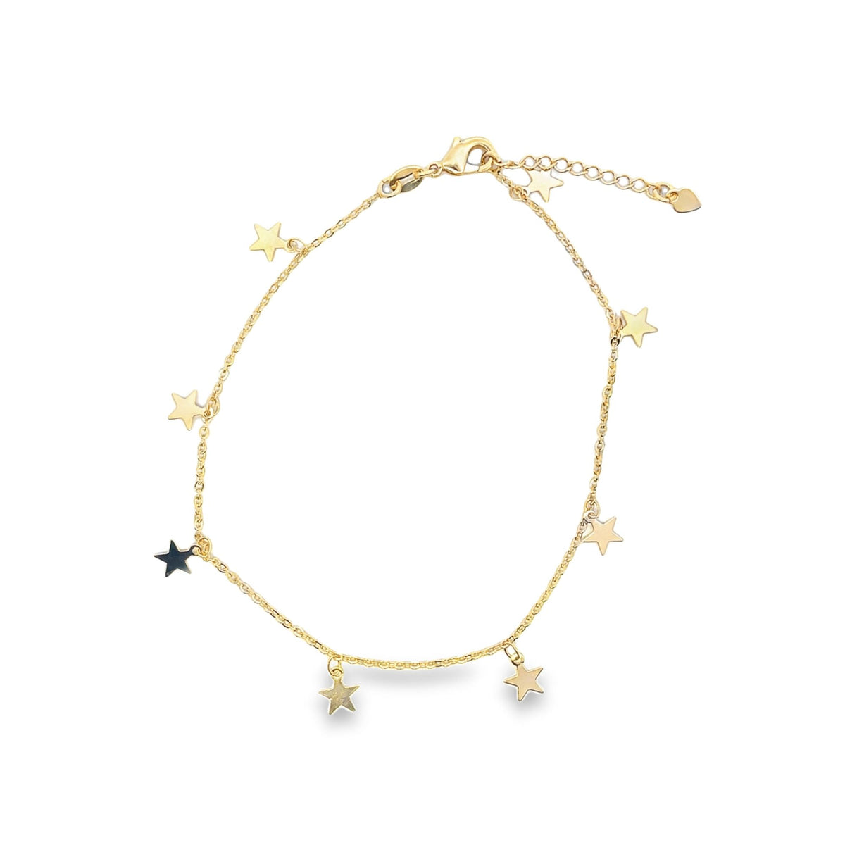 A delicate gold star charm bracelet features dangling star charms along a fine chain against a white background.