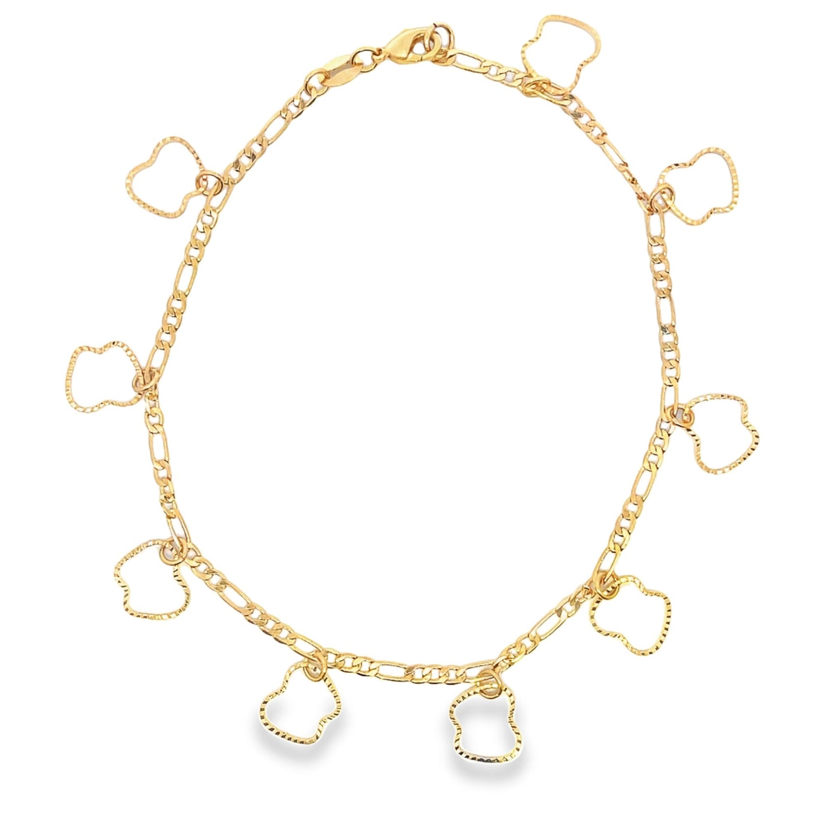 A delicate gold charm bracelet displays multiple whimsical bear-shaped pendants dangling along its sparkling chain.