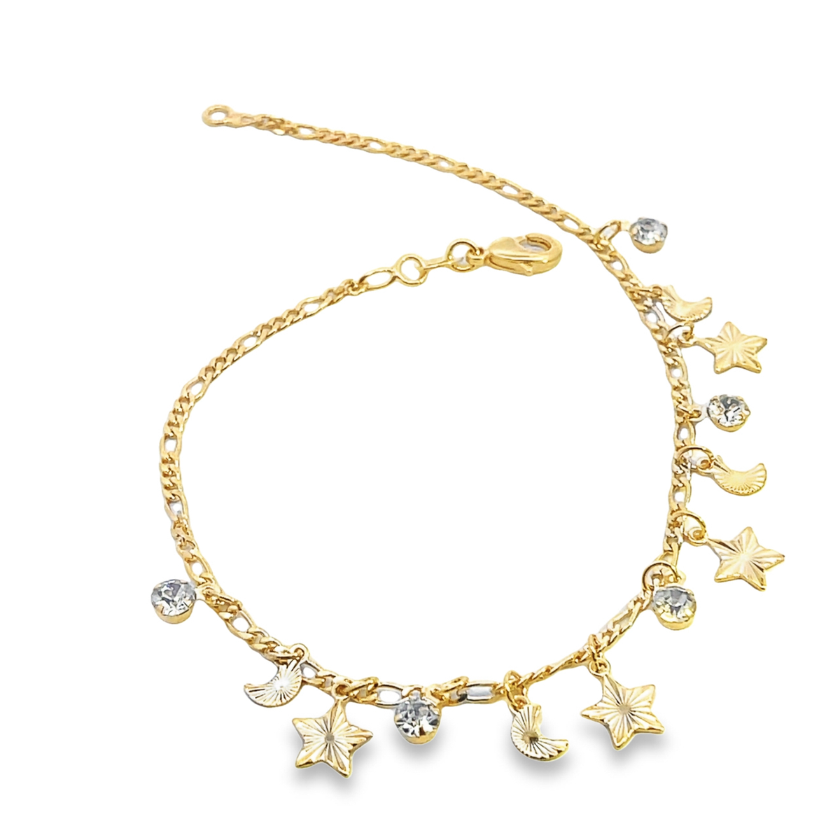 A delicate gold charm bracelet features dangling celestial star and moon pendants interspersed with sparkling crystal stones.