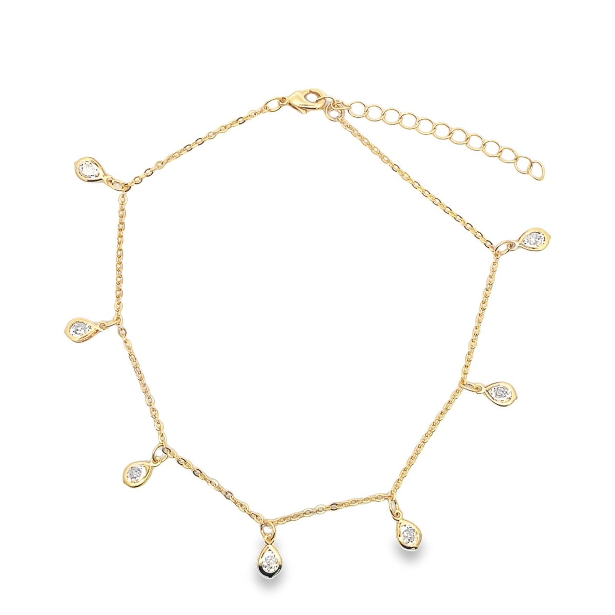 A delicate gold chain bracelet features dangling teardrop charms embedded with sparkling diamonds against a plain white background.