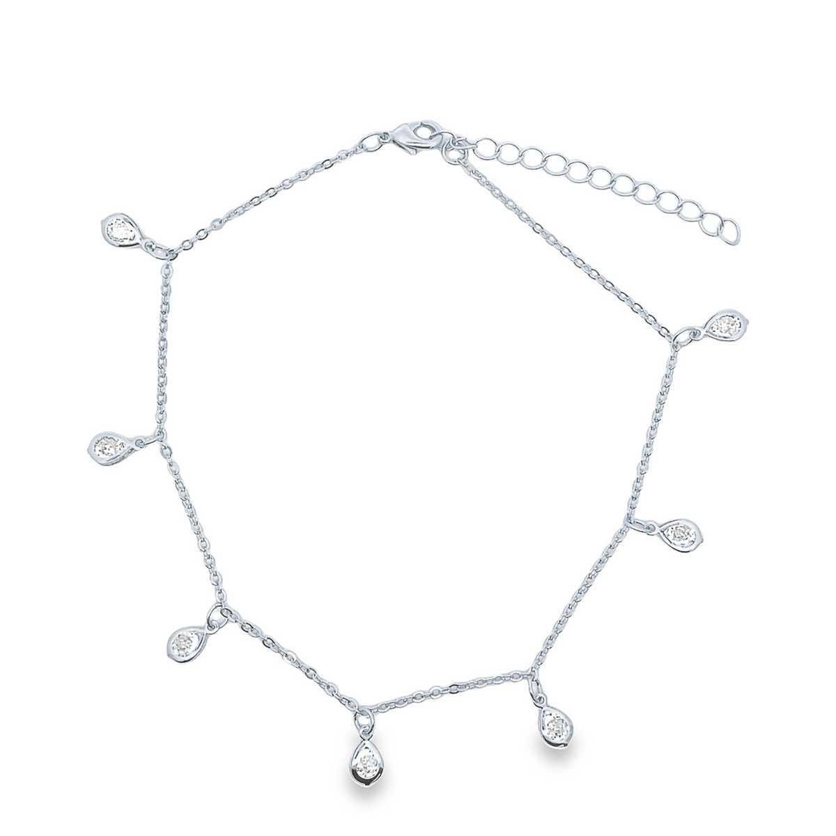 A delicate silver anklet features dangling teardrop charms encrusted with sparkling cubic zirconia stones against a clean white background.
