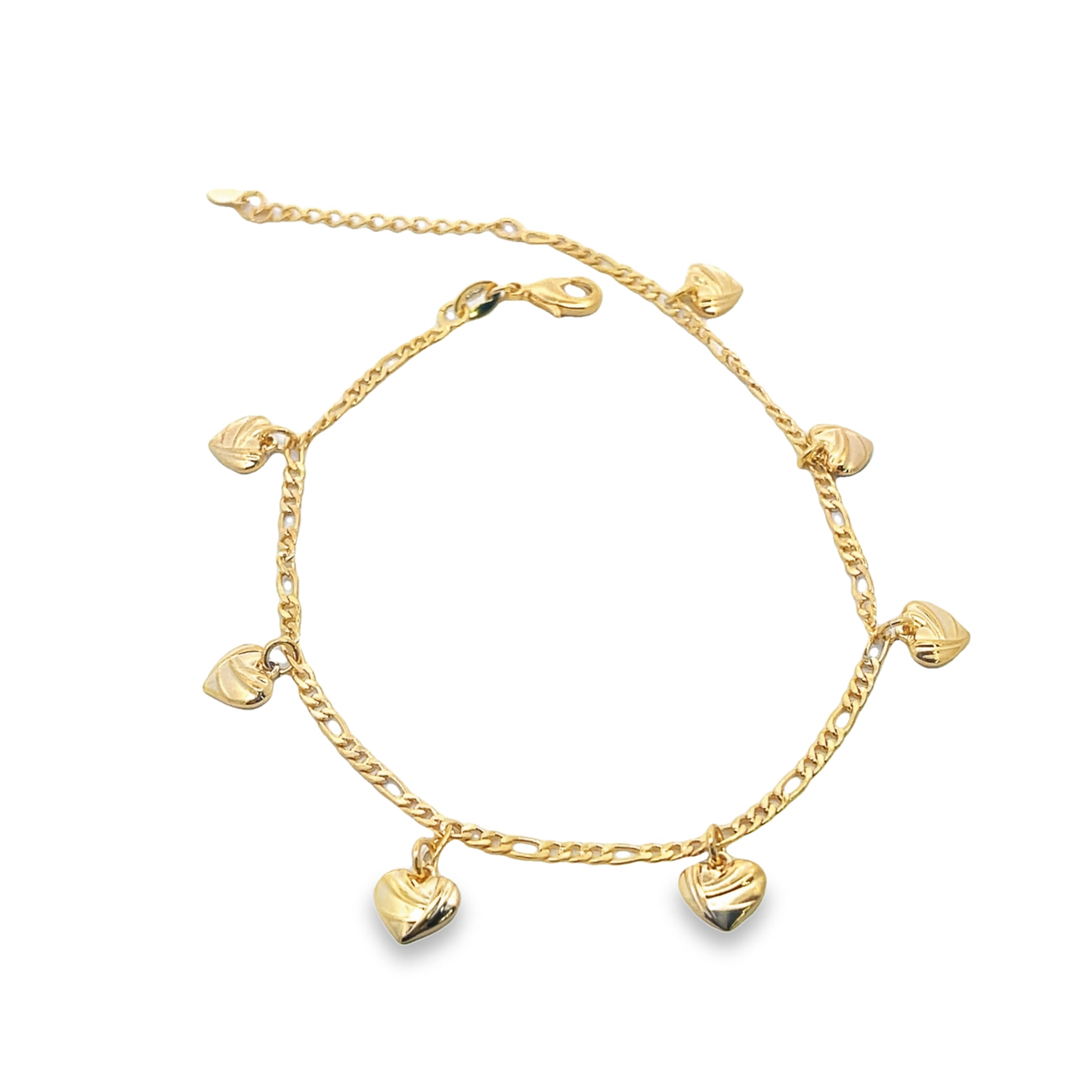 A delicate gold charm bracelet displays hanging heart-shaped pendants along its chain against a clean white background.