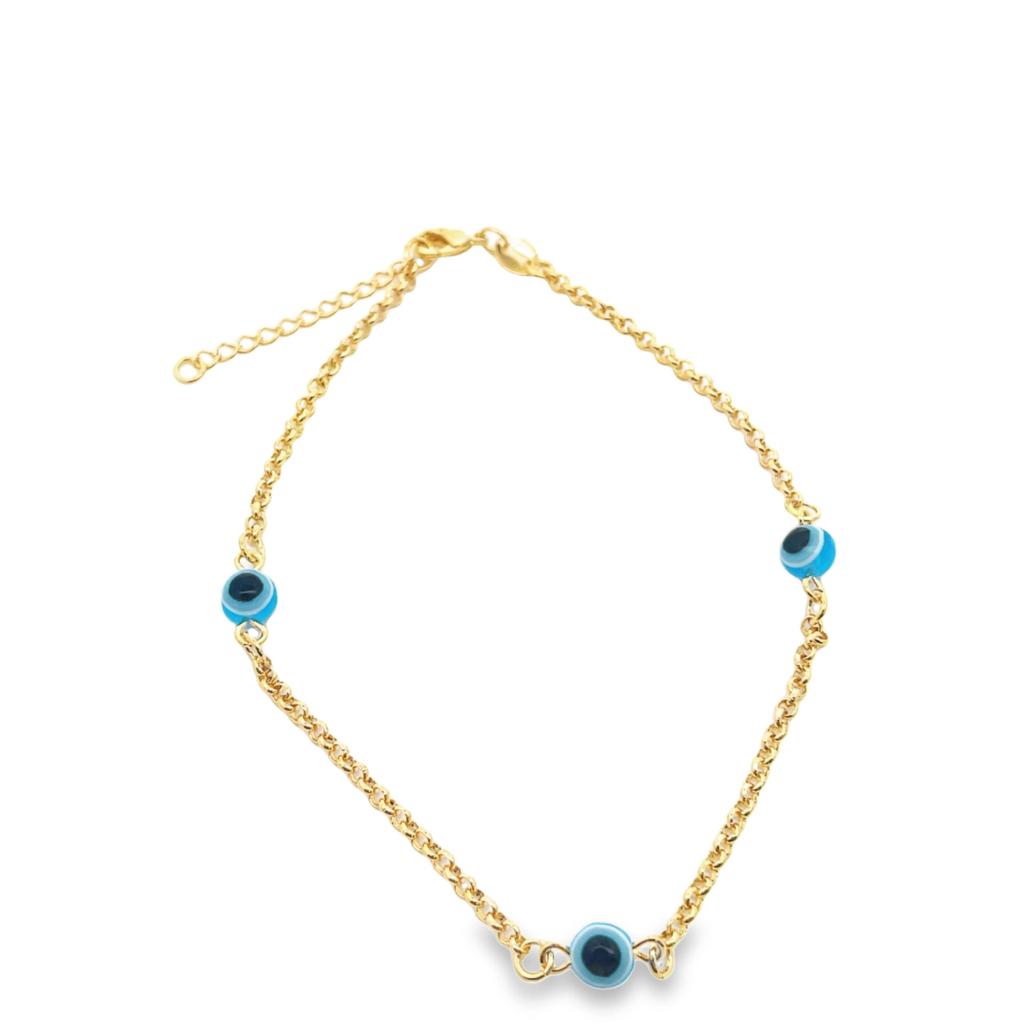 A delicate gold chain bracelet features three blue and white evil eye beads spaced evenly along the links against a clean white background.