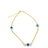 A delicate gold chain bracelet features three blue and white evil eye beads spaced evenly along the links against a clean white background.