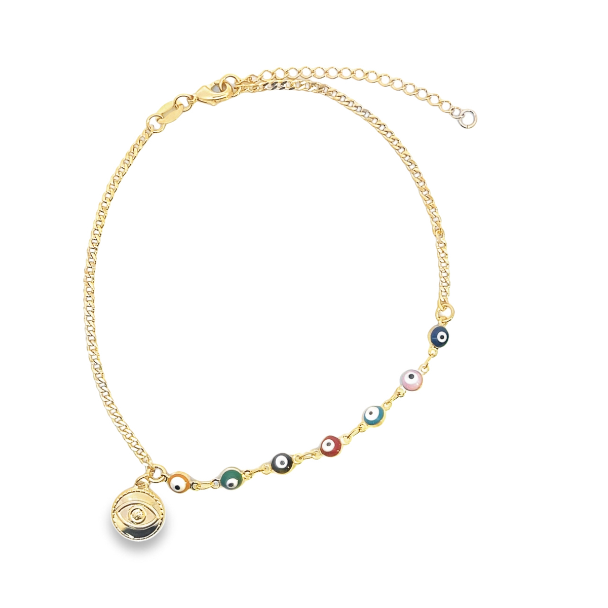 A gold chain anklet displays a dangling evil eye pendant and multiple colorful evil eye beads.