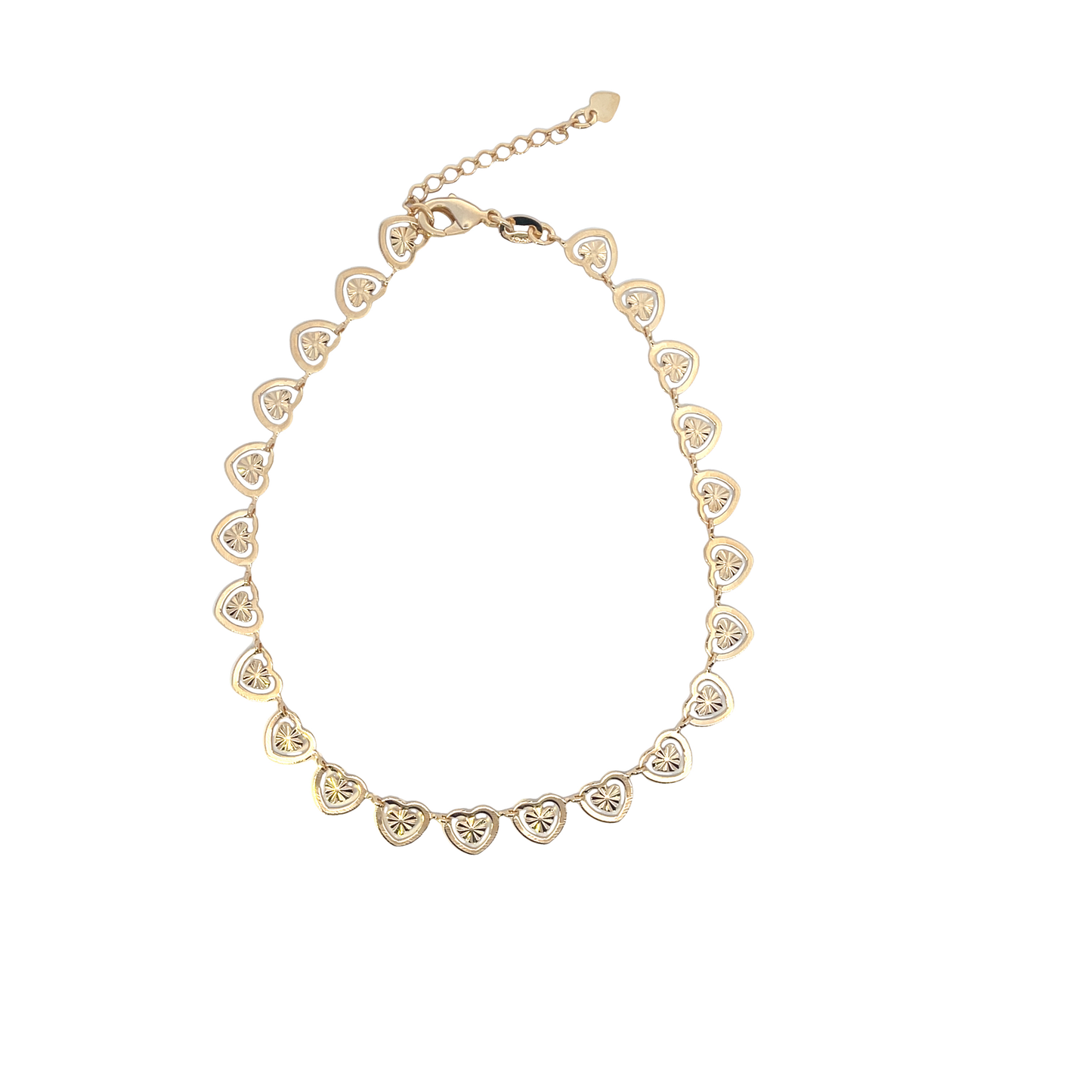 A delicate gold heart-link bracelet with sparkling faceted details rests on a clean white background.